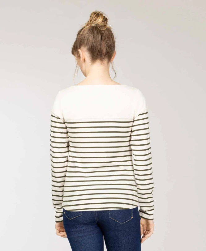Marinière Femme Fond Grège Rayé Kaki 2 Marinière Femme Fond Grège Rayé Kaki – Image 2