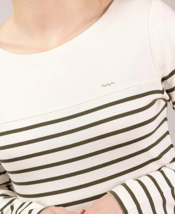 Marinière Femme Fond Grège Rayé Kaki 3 Marinière Femme Fond Grège Rayé Kaki – Image 3