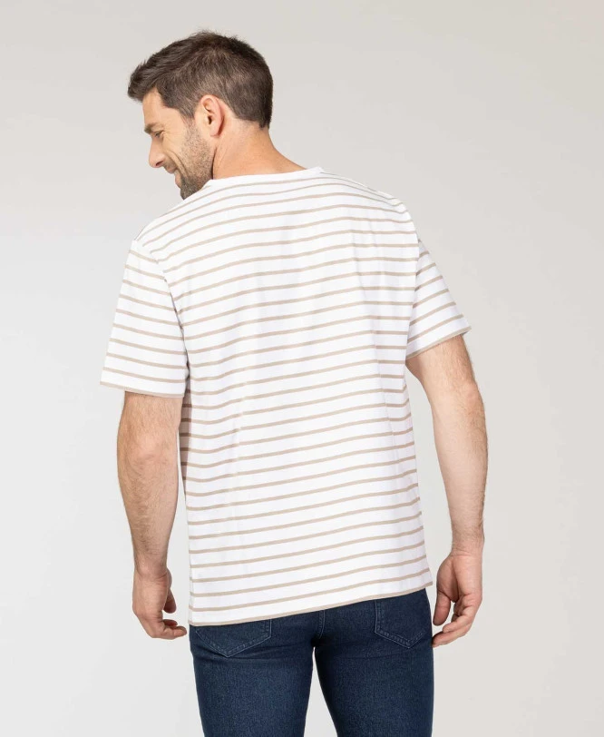 Marinière Homme Manches Courtes Fond Blanc Rayé Beige 2 Marinière Homme Manches Courtes Fond Blanc Rayé Beige – Image 2