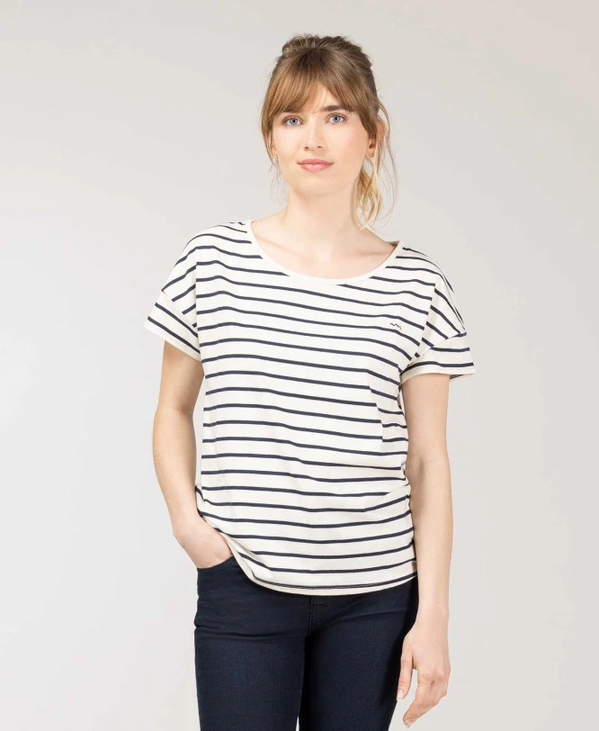 Marinière Manches Courtes Fond Grège Rayé Bleu Marine Femme 1 Marinière Manches Courtes Fond Grège Rayé Bleu Marine Femme