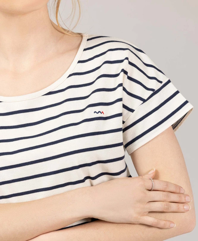 Marinière Manches Courtes Fond Grège Rayé Bleu Marine Femme 3 Marinière Manches Courtes Fond Grège Rayé Bleu Marine Femme – Image 3