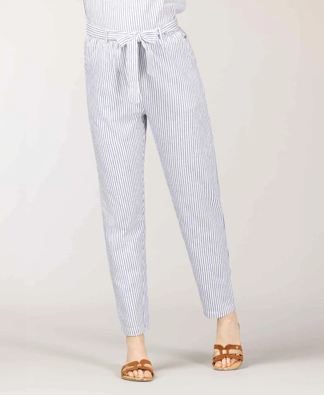 Pantalon 7/8ème Femme Rayé Blanc Et Bleu 1 Pantalon 7/8ème Femme Rayé Blanc Et Bleu