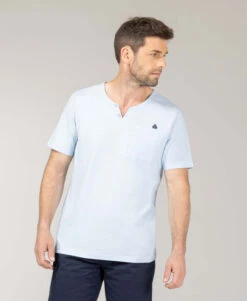 Tee-shirt Col Tunisien Bleu Azur Homme