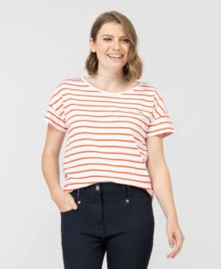 Marinière Manches Courtes Fond Blanc Rayé Orange Femme