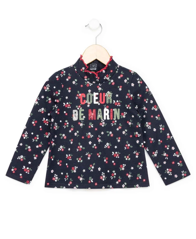 T-shirt Manches Longues Fille Fond Bleu Marine Avec Imprimé 1 T-shirt Manches Longues Fille Fond Bleu Marine Avec Imprimé