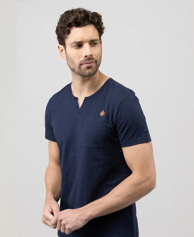 T-shirt Col Tunisien Bleu Marine Homme 1 T-shirt Col Tunisien Bleu Marine Homme