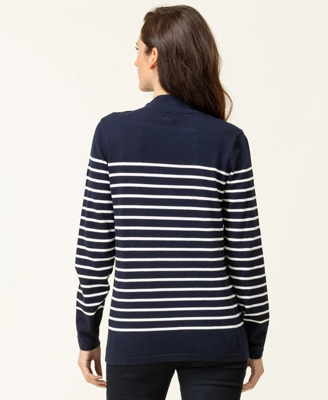 Pull Rayé Femme Fond Bleu Marine Rayures Blanches 2 Pull Rayé Femme Fond Bleu Marine Rayures Blanches – Image 2