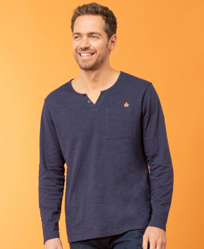 T-shirt Homme Bleu Marine Manches Longues col Tunisien 1 T-shirt Homme Bleu Marine Manches Longues col Tunisien