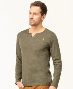 T-shirt Homme Kaki Manches Longues col Tunisien