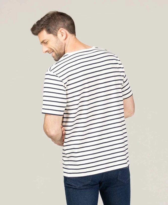 Marinière Homme Manches Courtes Fond Grège Rayé Bleu Marine 2 Marinière Homme Manches Courtes Fond Grège Rayé Bleu Marine – Image 2