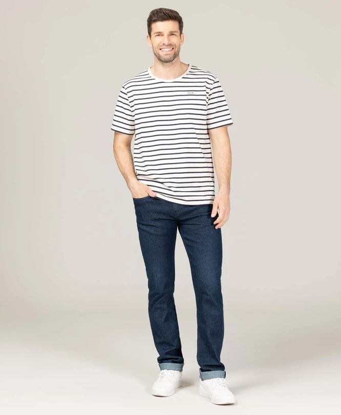 Marinière Homme Manches Courtes Fond Grège Rayé Bleu Marine 4 Marinière Homme Manches Courtes Fond Grège Rayé Bleu Marine – Image 4