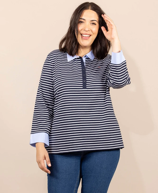 Polo Rayé Manches Longues Bleu Marine Femme 1 Polo Rayé Manches Longues Bleu Marine Femme
