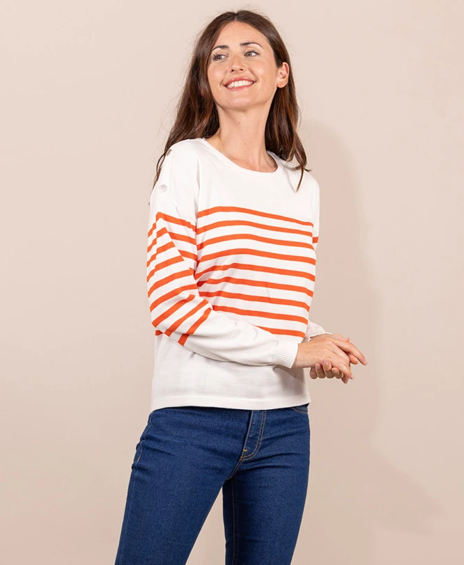 Pull Marin Femme Fond Grège Rayé Orange 1 Pull Marin Femme Fond Grège Rayé Orange