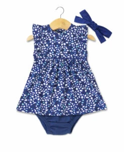 Ensemble Bébé Fille Imprimé Bleu Robe + Bloomer + Bandeau