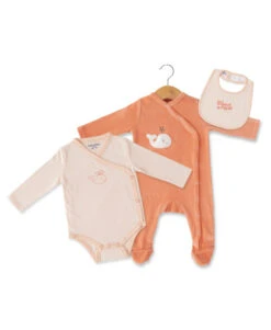 Ensemble Pyjama, Body Et Bavoir Bébé Pêche